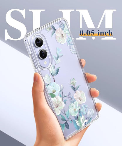 GVIEWIN for Samsung Galaxy S25 Edge Case, Clear Floral Shockproof Protective Women Phone Case, Non-Yellowing, Screen&Camera Lens Protector for Galaxy S25 Edge 6.7",Delphinium/Grey