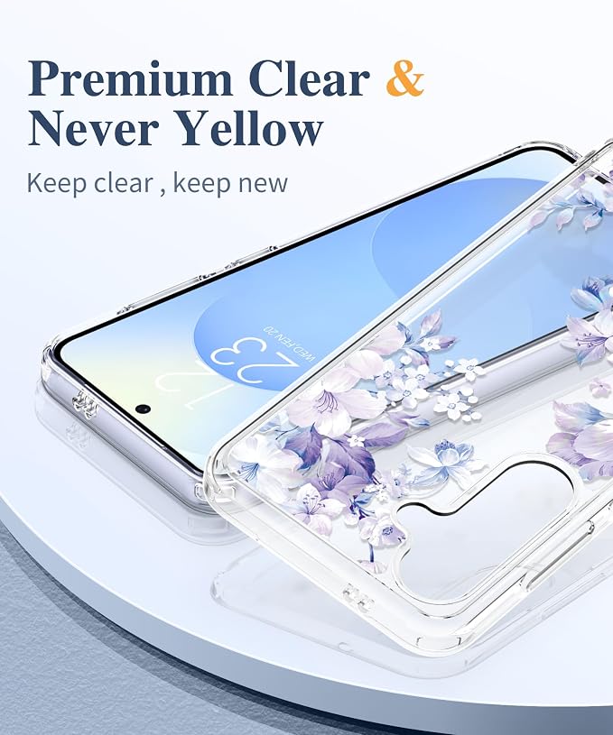 GVIEWIN for Samsung Galaxy S25 Case, Clear Floral Slim Shockproof Protective Women Phone Case, Non-Yellowing, with Screen Protector & Camera Lens Protector for Galaxy S25 6.2", Foliolosa/Blue