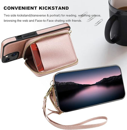 Bocasal RFID Blocking Wallet Case for iPhone 14 iPhone 13, Adjustable Crossbody Zipper Purse Case Card Holder with Kickstand Detachable Wrist Strap, PU Leather Flip Folio Case 6.1 Inch 5G (Rose Gold)