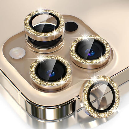 Choiche Compatible for iPhone 13 Pro/iPhone 13 Pro Max Camera Lens Protector Bling, 9H Tempered Glass Camera Cover Screen Protector Metal Ring Decoration Accessories (Glitter-Gold)