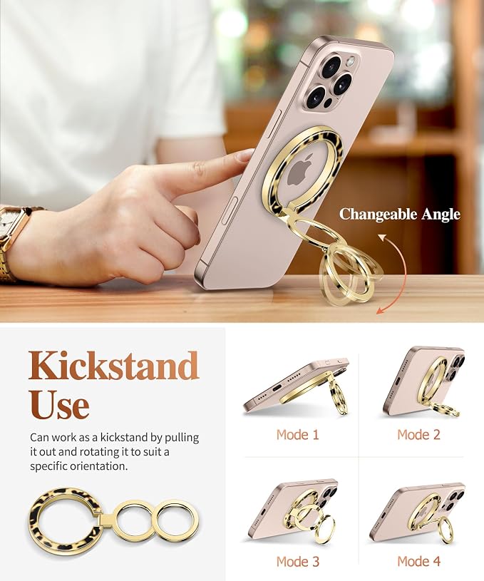 GVIEWIN Magnetic Phone Ring Holder, Compatible with MagSafe Phone Grip with Adjustable Stand, Magnet Phone Ring Kickstand for iPhone 17/16/15/14/13/12 Pro Max Plus Air/Other Phones (Tortoiseshell)