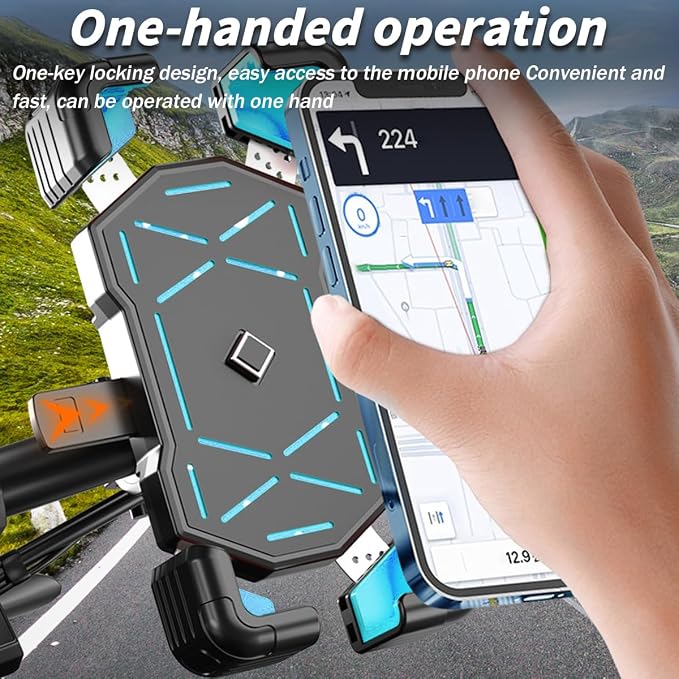 AUCELI Motorcycle Phone Mount, ABS Quick Release Bike Phone Holder for 4.7''-7.2'' Phones, Anti Shake with 360 Rotatable Phone Clip, Handlebar Clamp (Blue)