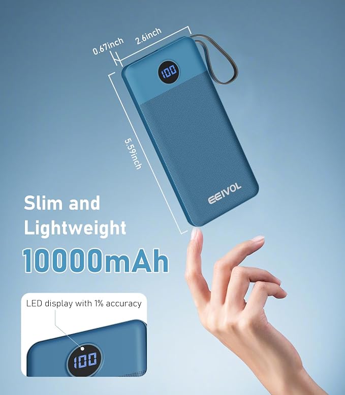 Portable Charger with Built in Cables, Slim 10000mAh Power Bank, USB C Battery Pack Travel, 4 Output 2 Input External Charging Bank for iPhone 17/16/15/14/13,Samsung, Android, etc-Black&Blue(2 Pack)