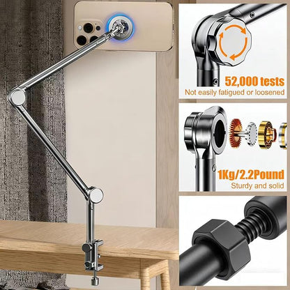 Phone Holder for Bed, Magnetic Cell Phone Stand for iPhone17 16 15 14 13 12 Pro Max Plus Mini, Flexible Long Arm Mount 360 Adjustable for Desk/Bedside Filming/Video or Photo