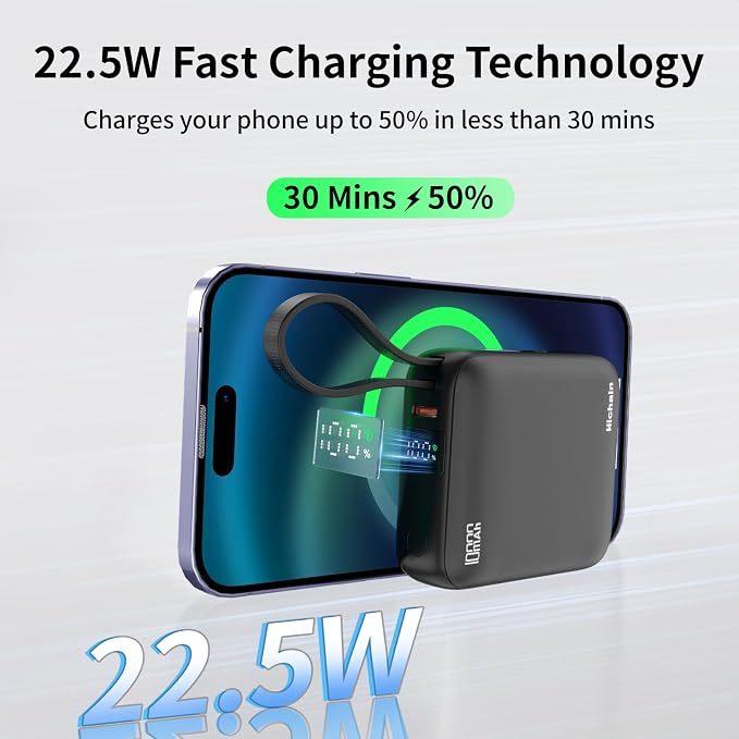 Hichain Small Portable Charger Mini Power Bank 10000mAh 22.5W Black | Built in Cables & LED Display USB-C Fast Charging Battery Pack, Travel Essential Power Bank for iPhone, iPad, Android