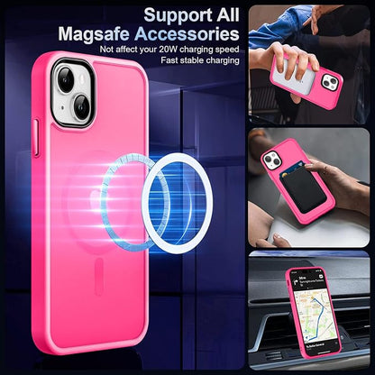 MOCCA Strong Magnetic for iPhone 13 Case, [Compatible with Magsafe][Screen Protector+Camera Lens Protector] Translucent Matte Back Slim Shockproof Case for iPhone 13 Phone Case 6.1", Hot Pink