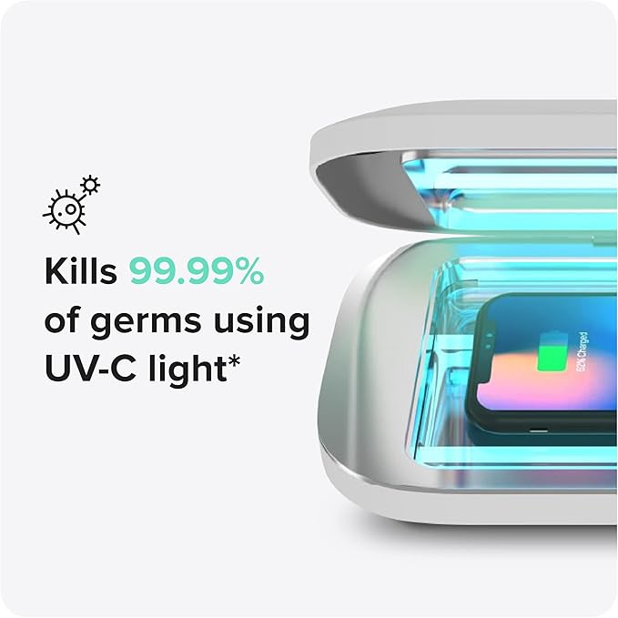 PhoneSoap Pro UV Smart Phone Sanitizer & Universal Cell Phone Charger Box | Patented & Clinically Proven 360-Degree UV-C Disinfection | Disinfects and Charges All Phones (White)