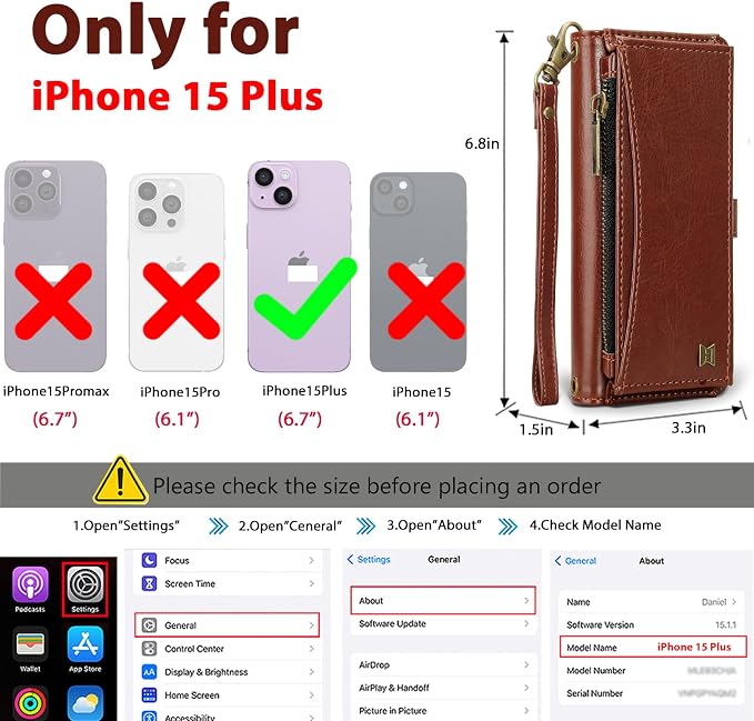 Wallet Case for iPhone 15 Plus with Card Holder/Crossbody Wallet/Strap| RFID Blocking | Magnetic | Kickstand | Detachable | PU Leather Phone Case for iPhone 15 Plus,6.7 in,Brown