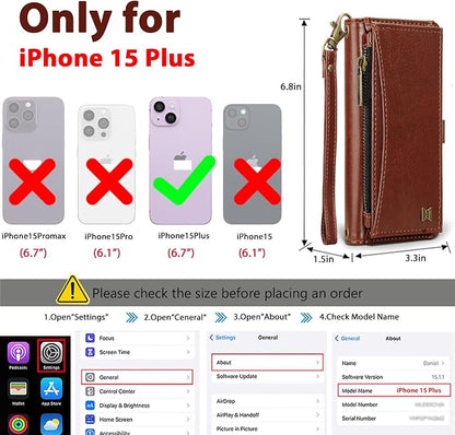 Wallet Case for iPhone 15 Plus with Card Holder/Crossbody Wallet/Strap| RFID Blocking | Magnetic | Kickstand | Detachable | PU Leather Phone Case for iPhone 15 Plus,6.7 in,Brown