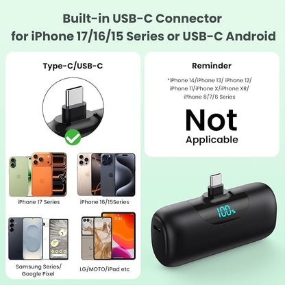 [2 Packs] 5500mAh Portable Charger for iPhone 17/16, LCD Display USB C Mini Power Bank, Fast Charging Travel Lipstick Sized Battery Pack for iPhone 17/16/15 Pro Max, Galaxy S25/S24, Pixel(Inky+Inky)