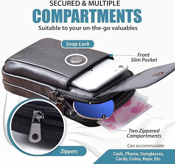 Hengwin Leather Phone Pouch Fits for iPhone 16 Pro Max 15 Plus 14 Pro Max 13 Pro Max 12 Pro Max Samsung Galaxy S24 Ultra S23 Ultra S22 Ultra Holster Belt Clip Case Crossbody Purse Shoulder Bag (Black)