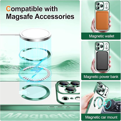 Hython for iPhone 17 Pro Case Glitter Clear Magnetic Phone Cases [Compatible with MagSafe] Full Camera Lens Protector Sparkle Luxury Plating Slim Shockproof Protective Cover Women, Gradient Green