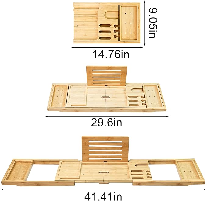 Bathtub Tray - Luxury Bamboo Bathtub Tray for Bath Accessories, Expandable Bath Caddy with Wine Glass Holder, for Her, Anniversary, Spa and Relaxation