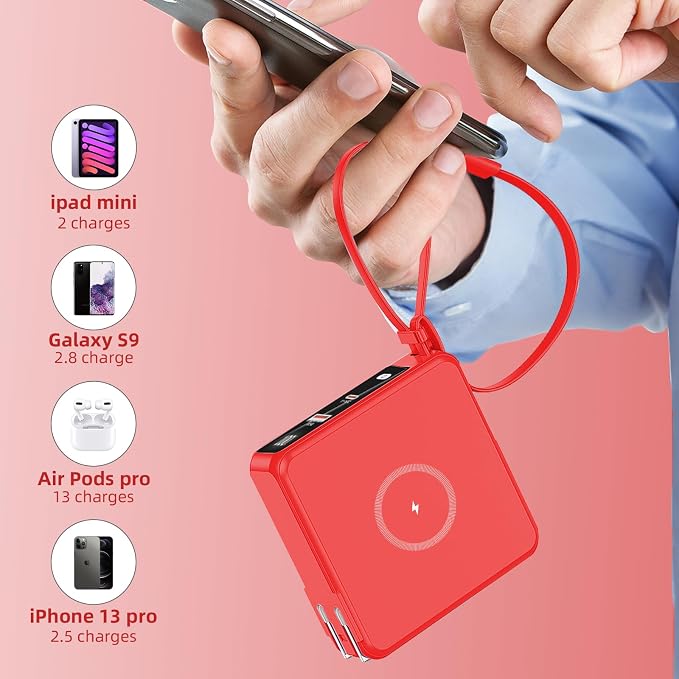 Wireless Charging Portable Charger with Built-in Cables & AC Wall Plug, 10000mAh Power Bank with LED light, PD 22.5W Fast Charging Travel Portable Charger for iPhone, Samsung, Android(No-Magnetic)