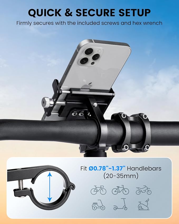 Ravemen Bike Phone Holder, 6066 Aluminum Motorcycle Phone Mount for 4-7'' Cell Phones with 4+1 Anti-Vibration Pads, Bicycle Scooter Phone Clamp Fit 20-35mm Handlebars