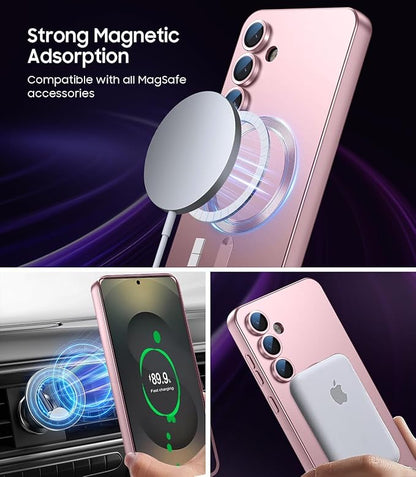 Magnetic for Samsung Galaxy S25 FE Case [Compatible with MagSafe][Built-in Camera Lens Protector] Slim Soft Silicone Bumper Shockproof Metallic Luster Phone Case, Rose Gold