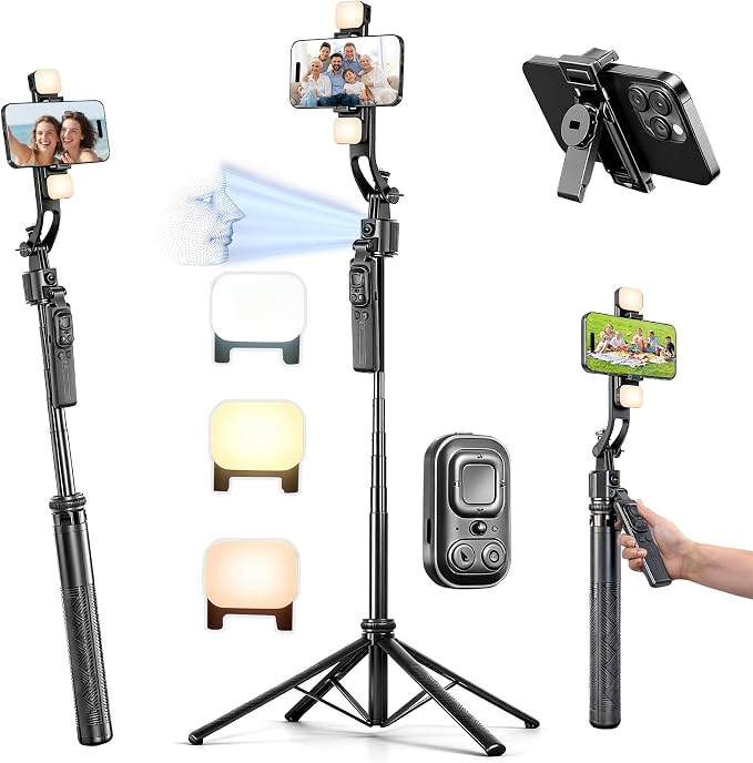 Auto Face Tracking Selfie Stick Tripod for iPhone with Light 360° Rotation That Follows Your Movement 63" Camera Tripod Stand with Remote for Content Creator Vlog Live Stream Video Recording