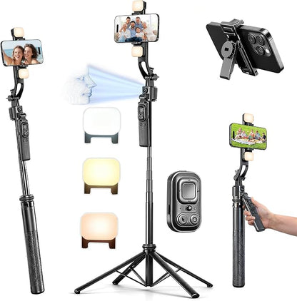 Auto Face Tracking Selfie Stick Tripod for iPhone with Light 360° Rotation That Follows Your Movement 63" Camera Tripod Stand with Remote for Content Creator Vlog Live Stream Video Recording