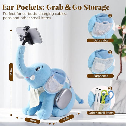 Phone Holder, Phone Mount with 360° Rotating Clip 45° Adjustable Trunk, Elephant Stuffed Animal with Ear Pockets Glasses Cloth Scarf & Back Headphone Fit, Cell Phone Holder for Desk Bed Sofa Car- Blue