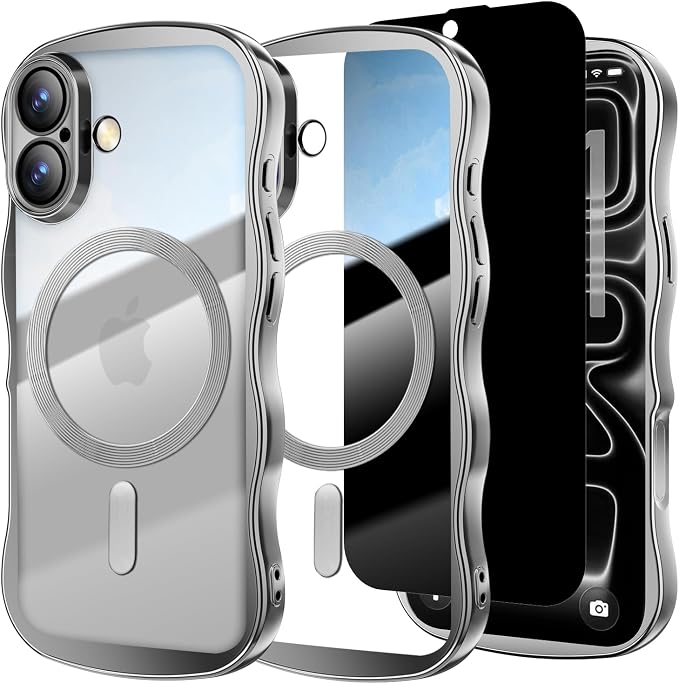 Misscase for iPhone 16 Case with Privacy Screen Protector,Compatible with MagSafe,Cute Wave Frame Anti-Scratch Case with Camera Lens Protector Plating Bling Case for iPhone 16 6.1" Silver