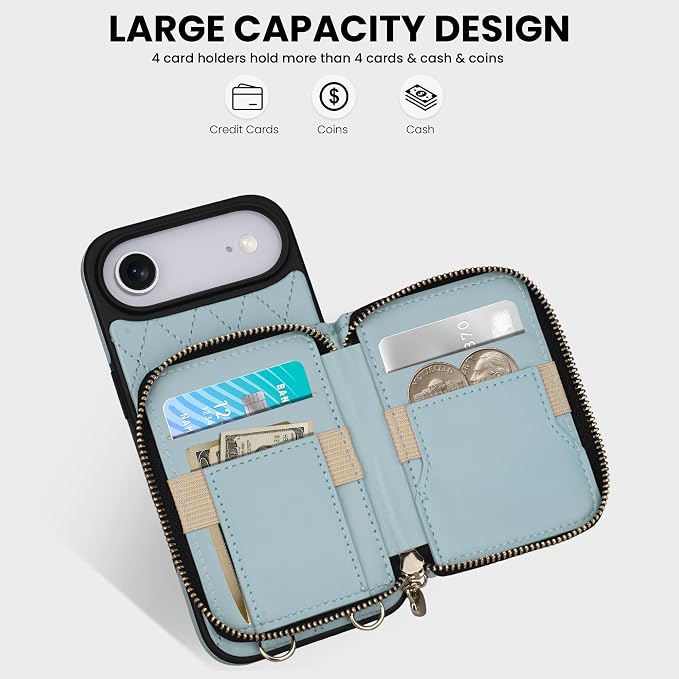 Keallce Case for iPhone Air 6.5'' Wallet Case, Crossbody Zipper Purse with Wrist Strap Lanyard Handbag, RFID Blocking Card Holders, Kickstand Flip Leather Cover for iPhone 17 Air, Blue
