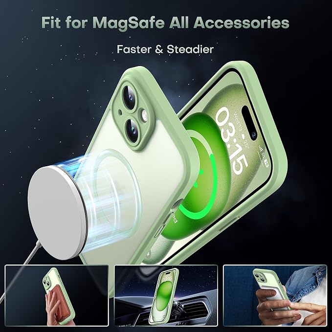 TOCOL for Phone 15 Case, Compatible with Magsafe Charger, Full Camera Protection, Drop Protection, Translucent Matte Phone Case for iPhone 15 6.1 inch (Light Green)