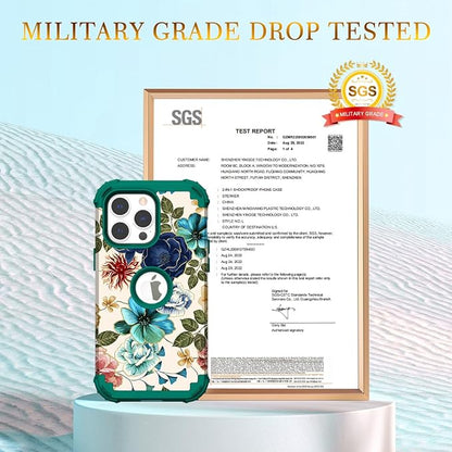 Hocase for iPhone 14 Pro Max Case, Heavy Duty Shockproof Protection Soft Silicone Rubber+Hard Plastic Bumpers Hybrid Protective Case for iPhone 14 Pro Max 2022 - Teal Flowers
