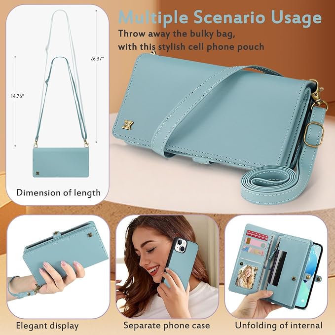 for Wallet Case Compatible with iPhone 13,Multi-Function Detachable 2 in 1 Magnetic iPhone 13 Case Wallet,Flip Strap Zipper Card Holder Phone Case with Shoulder Straps (Blue)