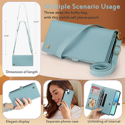 for Wallet Case Compatible with iPhone 13,Multi-Function Detachable 2 in 1 Magnetic iPhone 13 Case Wallet,Flip Strap Zipper Card Holder Phone Case with Shoulder Straps (Blue)