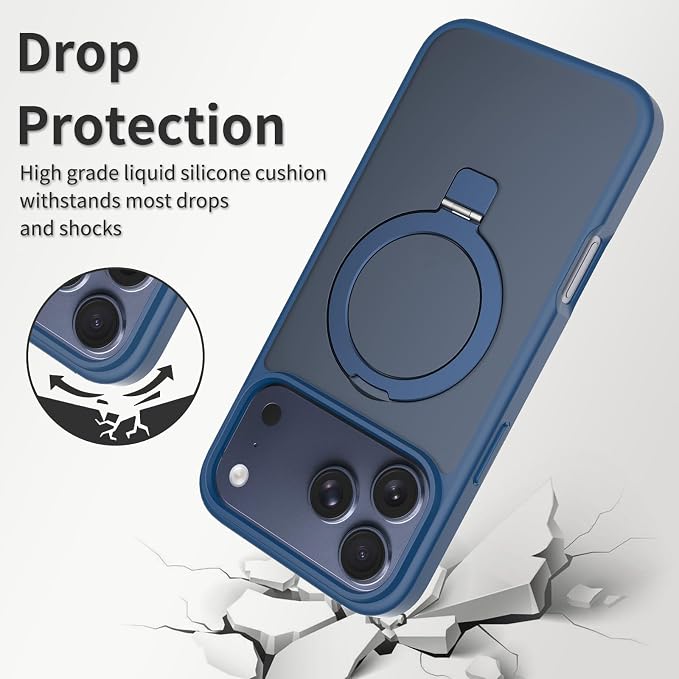 Ultra-Magnetic Stand for iPhone 17 Pro Max Case [Military Drop Protection] [Compatible with MagSafe] Shockproof Translucent Matte Slim Ring Holder Case for iPhone 17 Pro Max (Blue)