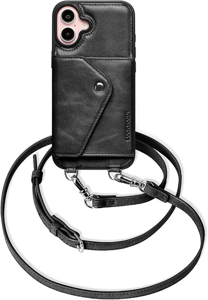 LUCKYCOIN for iPhone 16 Plus Crossbody Wallet Case – Genuine Leather Phone Purse with Adjustable Strap and Card Holder,Lanyard Phone Purse Case for Women,Vintage Black