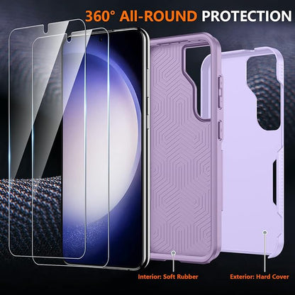 SPIDERCASE Designed for Samsung Galaxy S23 Case, [10 FT Military Grade Drop Protection], 2 Pack [Tempered Glass Screen Protector+Camera Lens Protector] Heavy Duty Shockproof Case, Purple