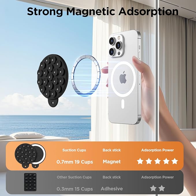 Magnetic Suction Cup Phone Mount with MagSafe, Silicone Hands-Free Grip Holder for iPhone Case and Android, Mirror Shower Phone Stand for Makeup FaceTime Gym Kitchen Bathroom, Black