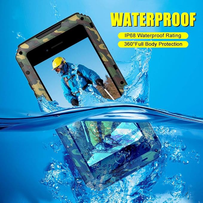 Mitywah Waterproof Case for iPhone SE 2020, Heavy Duty Durable Metal Full Body Protective Case Built-in Screen Protection Waterproof Shockproof Dustproof Rugged Military Grade Defender, Camouflage