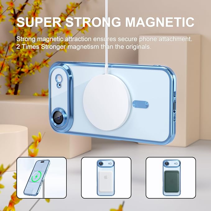 Misea Magnetic for iPhone 17 Air Case Compatible with MagSafe [Never Yellowing] [Military Grade Drop Protection] Full Camera Lens Protector Plating Soft Clear Phone Case for Women, Sky Blue