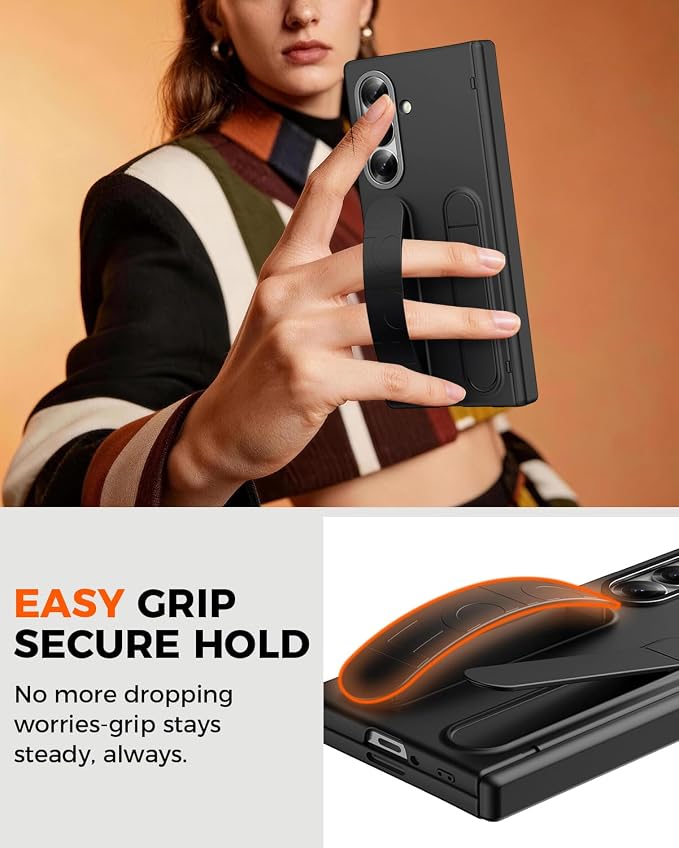 NINKI Wristband for Samsung Galaxy Z Fold 8 Ultra Case with Kickstand & Screen Protection, Hard Hinge Protector for Z Fold 8 Ultra Phone Case with Handle for Samsung Z Fold 8 Ultra Cover Mens Black