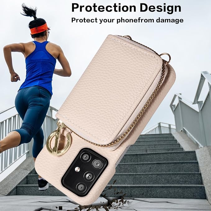 Wallet Case for Samsung Galaxy A51 5G/A 51 5G UW Verizon & Shoulder Strap Ring Buckle PU Leather Zipper Flip Organ Purse Credit Card Holder Stand Full Body Cell Phone Cover for 51A G5 S51 White