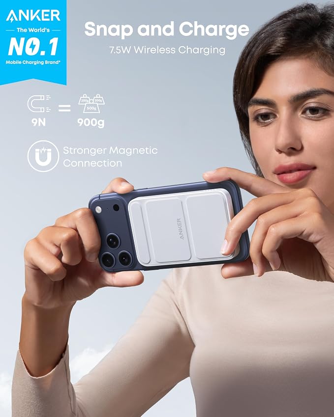 Anker 622 Magnetic Battery (MagGo), 5,000mAh Foldable Magnetic Wireless Portable Charger with Stand and USB-C Port (On the Side), Magsafe-Compatible for iPhone 16/15/14/13 Series