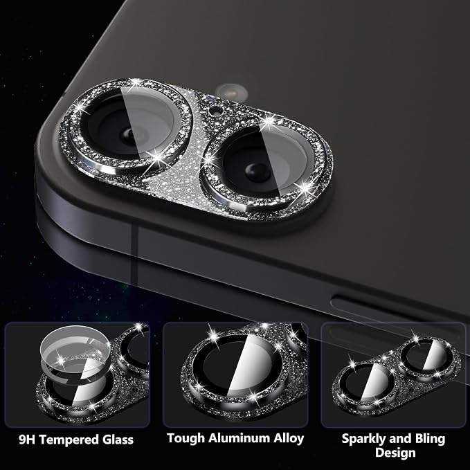 Camera Lens Protector for iPhone 16/iPhone 16 Plus, Bling Glitter Camera Cover with 9H Tempered Glass Metal Ring, Anti-Scratch Lens Protector for iPhone 16/iPhone 16 Plus (Glitter - Black)