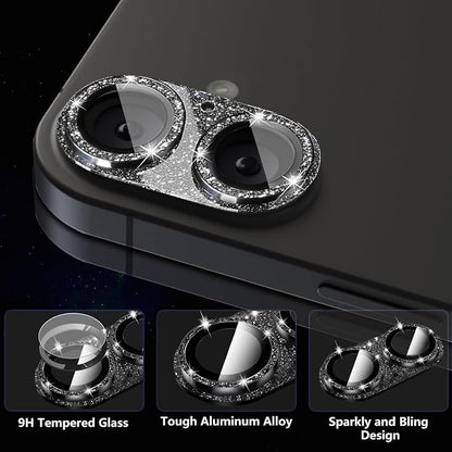 Camera Lens Protector for iPhone 16/iPhone 16 Plus, Bling Glitter Camera Cover with 9H Tempered Glass Metal Ring, Anti-Scratch Lens Protector for iPhone 16/iPhone 16 Plus (Glitter - Black)