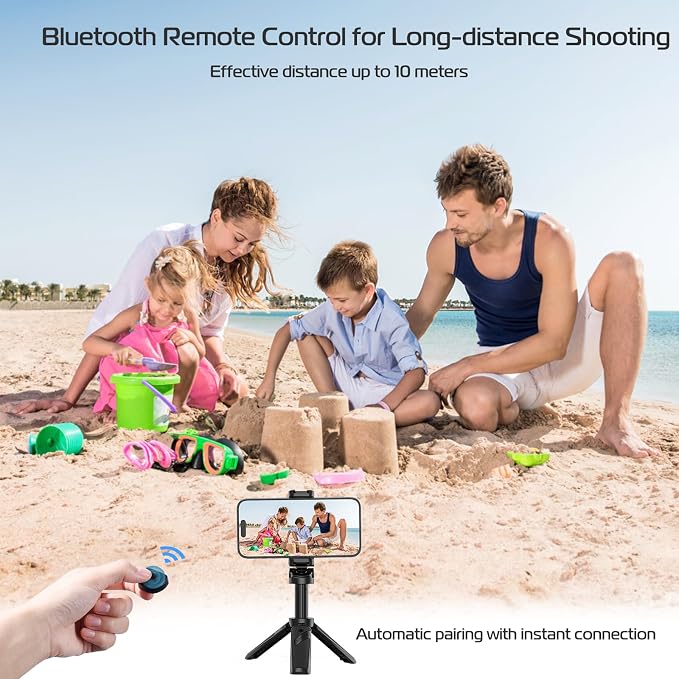 ULANZI JJ02 Selfie Stick Tripod, Extendable Grip Phone Tripod with Detachable Remote Pocket Size, 3-in-1 Mini Phone Grip 2 Cold Shoe, 10m/393.7'' Wireless Shutter, Vlog Livestreaming Photography