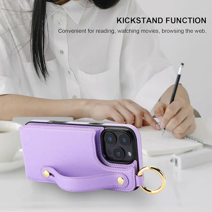 Folosu for iPhone 16 Pro Max Wallet Case with Card Holder, Hand Wrist Strap Loop Holder Kickstand, RFID Blocking Finger Grip Ring PU Leather Double Buttons Shockproof Cover 6.9" Purple