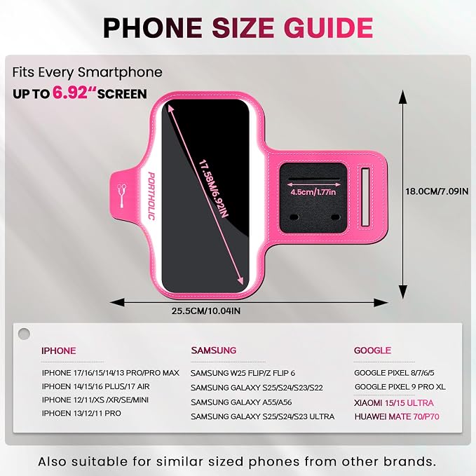 PORTHOLIC 2025 Running Armband Water Resistant Sports Phone Holder Case with Extension Strap, Key Card Slot Up to 6.9" Phone for iPhone 17/16/15/14/13 Plus Air Pro Max XR/XS, Galaxy S25/24/S10