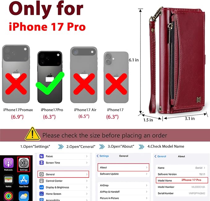 Wallet Case for iPhone 17 Pro with Card Holder/Crossbody Wallet/Strap,[RFID Blocking][Magnetic] PU Leather Phone Case for iPhone 17 Pro,6.3 in,Wine Red