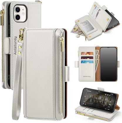 Antsturdy Compatible with iPhone 12 Wallet Case,RFID Blocking PU Leather Phone Case Women Men Kickstand Flip Cover Wrist Strap Zipper Credit Card Holder Slots,for Apple 12 Pro 6.1",Beige