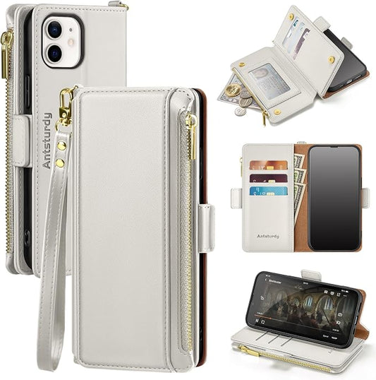 Antsturdy Compatible with iPhone 12 Wallet Case,RFID Blocking PU Leather Phone Case Women Men Kickstand Flip Cover Wrist Strap Zipper Credit Card Holder Slots,for Apple 12 Pro 6.1",Beige