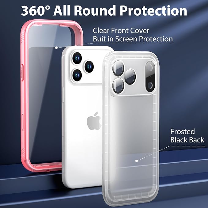 SPORTLINK for iPhone 17 Pro Waterproof Case - Built in Screen Protector Rugged/Dustproof/Full Body Shockproof/Dropproof/IP68 Underwater for iPhone 17 Pro Case 6.3 inch Pink/Frosted Clear