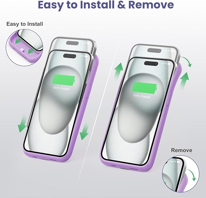 Feob Battery Case for iPhone 15Pro (6.1Inch), Real 7500mAh Ultra Slim Portable & 15W Fast Charging, Rechargeable Protective Extended Charger Case Cover Only for iPhone 15Pro Charging Case-Purple
