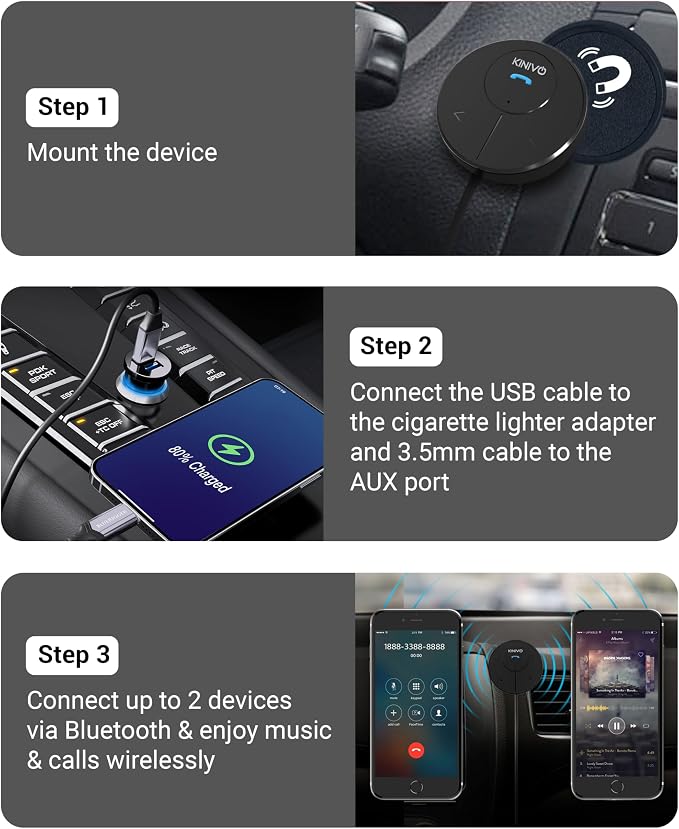 Kinivo BTC480 Aux Car Adapter (Bluetooth Car Kit with 3.5mm Port, Dual Phone Connection, Magnetic Mount, Dual-Port USB Charger, BT Wireless Reciever) Plug & Play for Hands-Free Calls, Stereo Audio