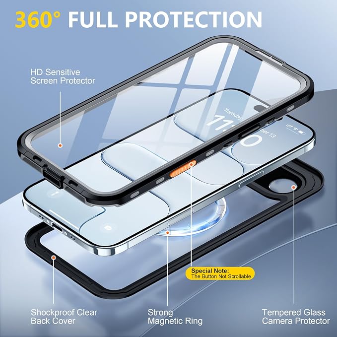 Red2Fire for iPhone Air Case Waterproof, [Built-in Screen Protector & Camera Protector][Compatible with MagSafe][Full Body Shockproof][IP68 Waterproof][Dustproof] Phone Case 6.5" Black/Clear
